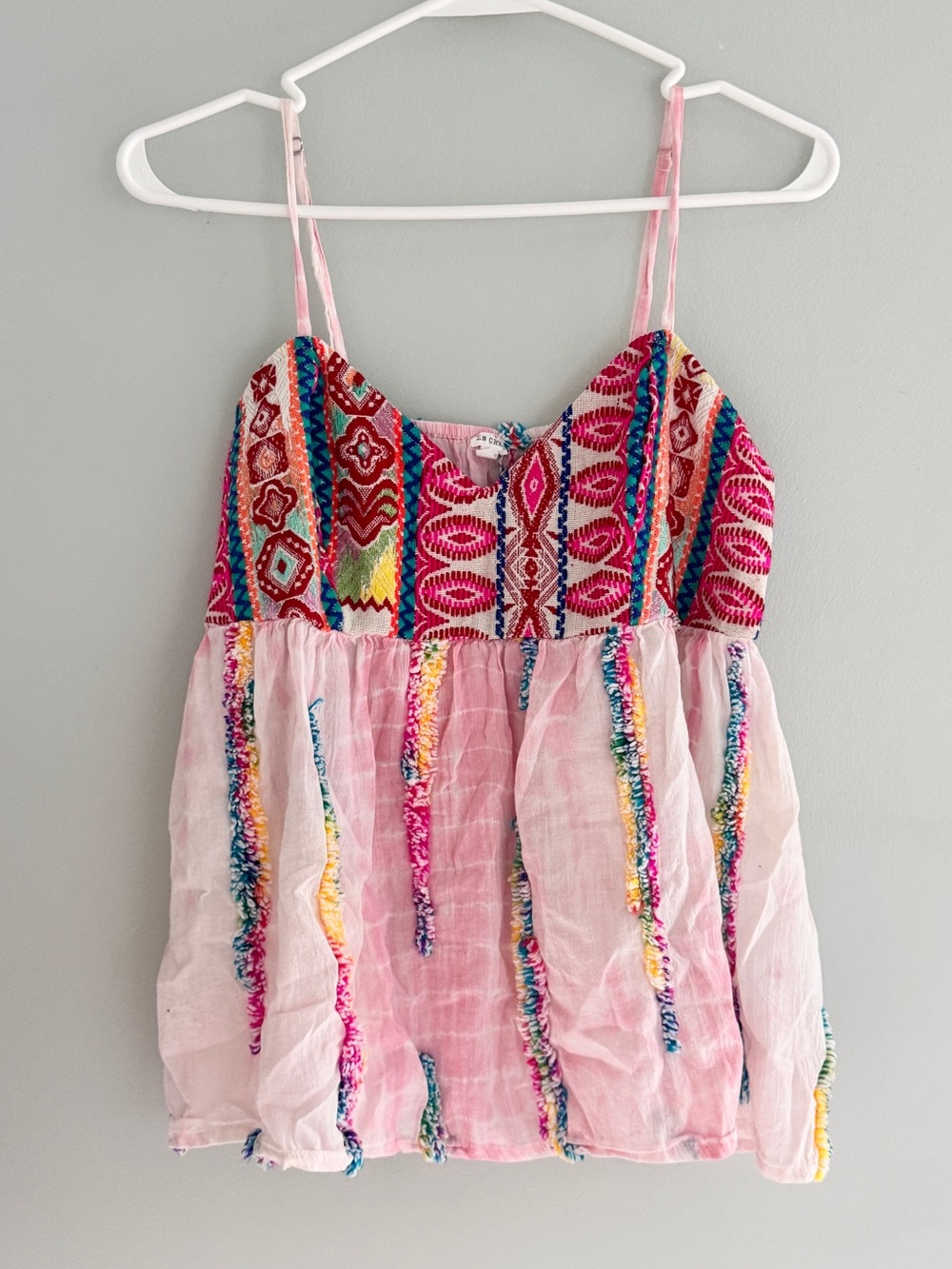 En Creme Pink Embroidered Fringe Boho Tank Top S